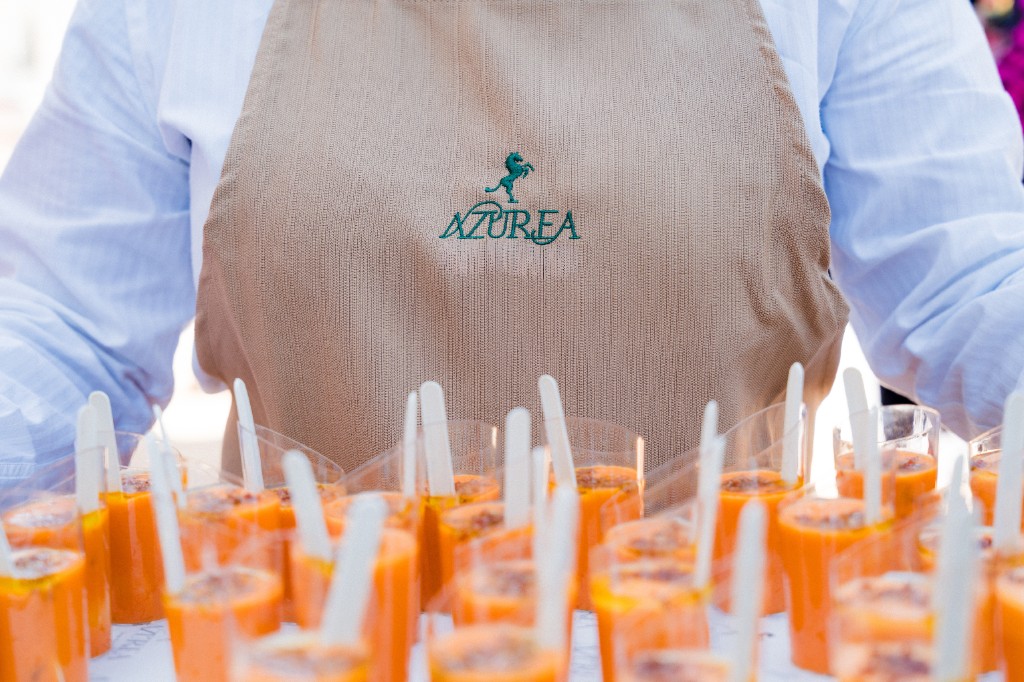 Camarero de Azurea Catering con delantal bordado y bandeja de aperitivos